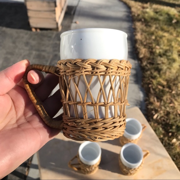 Vintage wicker mug set of 4 boho chic ceramic mug in wicker with handles - Picture 4 of 5